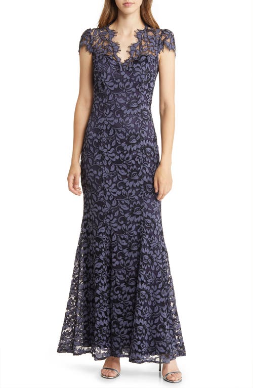 Eliza J Illusion Cap Sleeve Gown in Navy