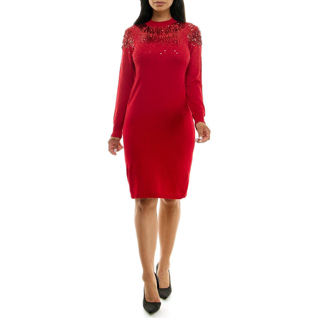Nina Leonard Sequin Embellished Long Sleeve Sweater Dress In Red