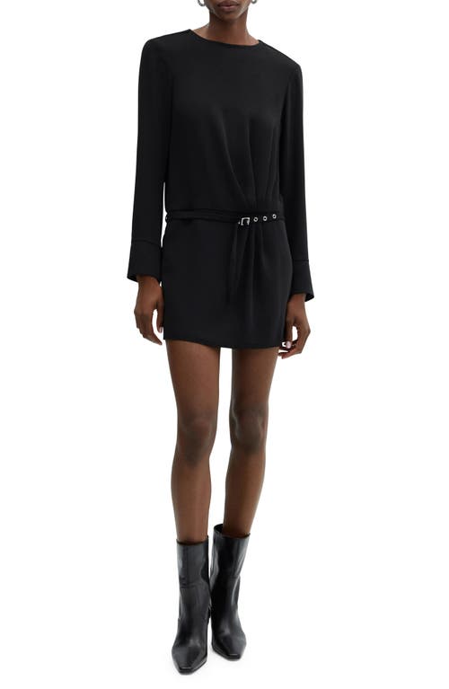 MANGO Felicia Belted Long Sleeve Minidress Black at Nordstrom,
