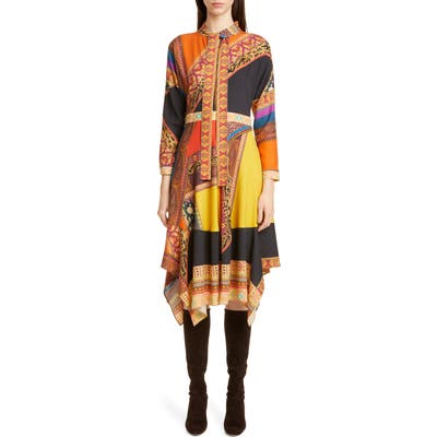 Etro Colorblock Print Wool & Silk Dress, US / 46 IT - Orange