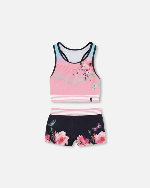 Deux Par Deux Little Girl's Two Piece Swimsuit Black With Big Flowers at Nordstrom