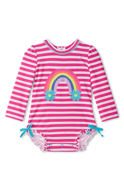 Hatley Kids' Candy Stripe One-piece Rashguard Swimsuit In Pink/white