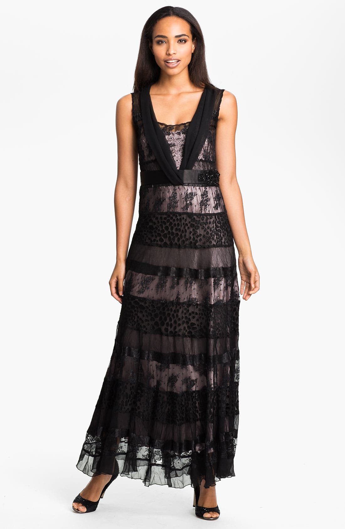 Black by Komarov VNeck Tiered Mixed Media Gown Nordstrom