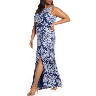 Plus Size Js Collections Leaf Embroidered Gown, Blue