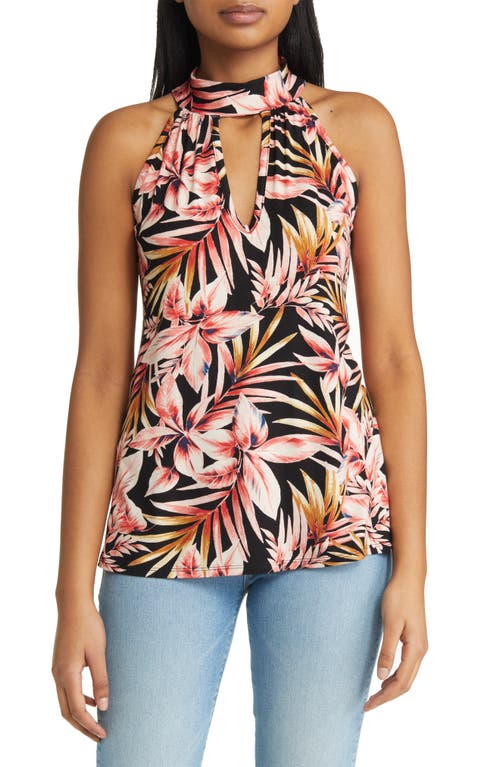 Shop Loveappella Palm Print Cutout Mock Neck Halter Top In Black/marsala