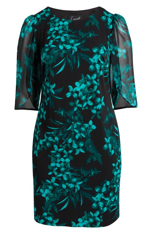 Connected Apparel Floral Chiffon Sleeve Sheath Dress In Hunter