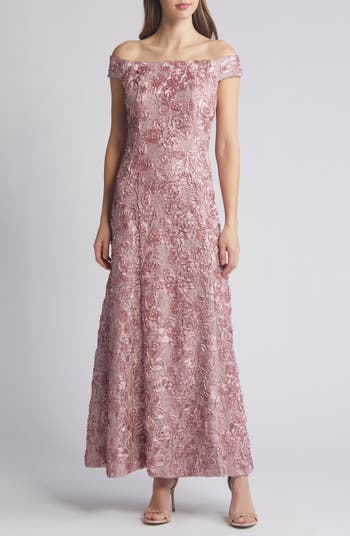 Sequin Rosette Off the Shoulder Gown