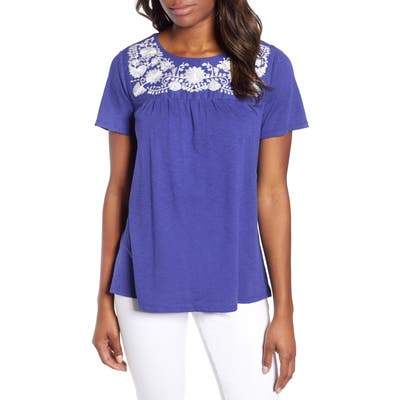 Petite Gibson X Hi Sugarplum! Savannah Embroidered Yoke Tee, Blue (Regular & Petite) (Nordstrom Exclusive)