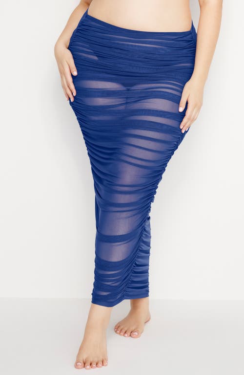 Shop Good American Ruched Mesh Cover-up Maxi Skirt In Capri Blue004