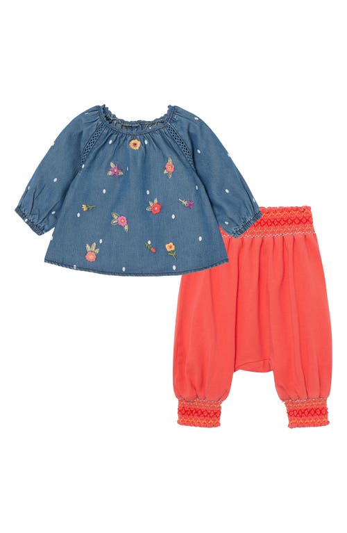 Peek Essentials Embroidered Chambray Top & Smocked Leggings Set in Indigo at Nordstrom, Size 3-6M