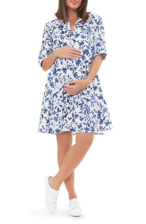 Ripe Maternity Brook Floral Maternity Shirtdress In White/lapis