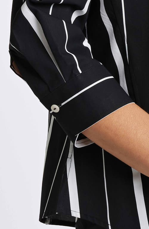 Foxcroft Paityn Stripe Three-quarter Sleeve Cotton Button-up Shirt In Black/white