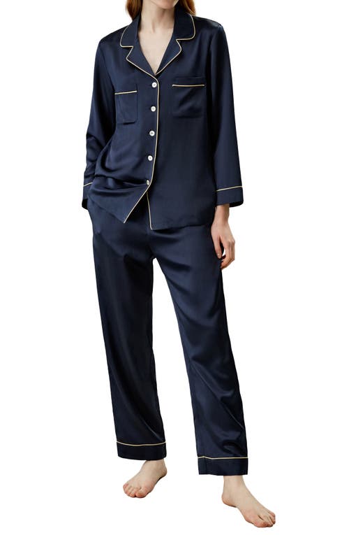 Shop Lilysilk 22mm Gold Piping Silk Pajamas Set In Navy Blue