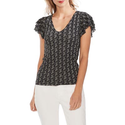 Vince Camuto Ruffle Sleeve Paisley Tee, Black