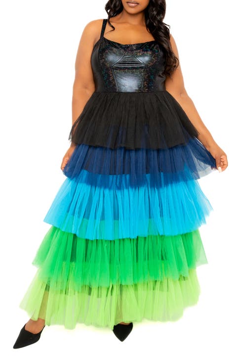 Colorful Tiered Faux Leather & Tulle Maxi Dress (Plus)