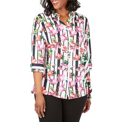 Plus Size Foxcroft Suzette Hibiscus Stripe Wrinkle Free Shirt, White