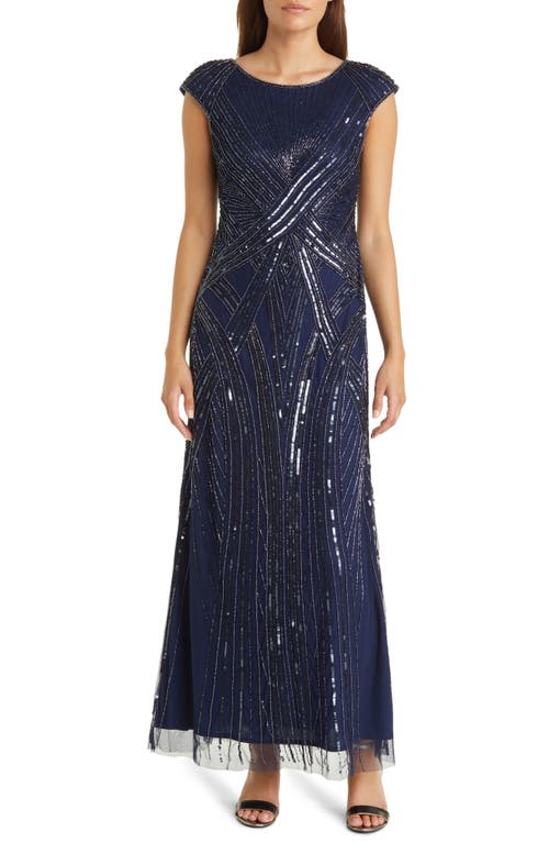 Embellished Cap Sleeve Gown in Navy 410