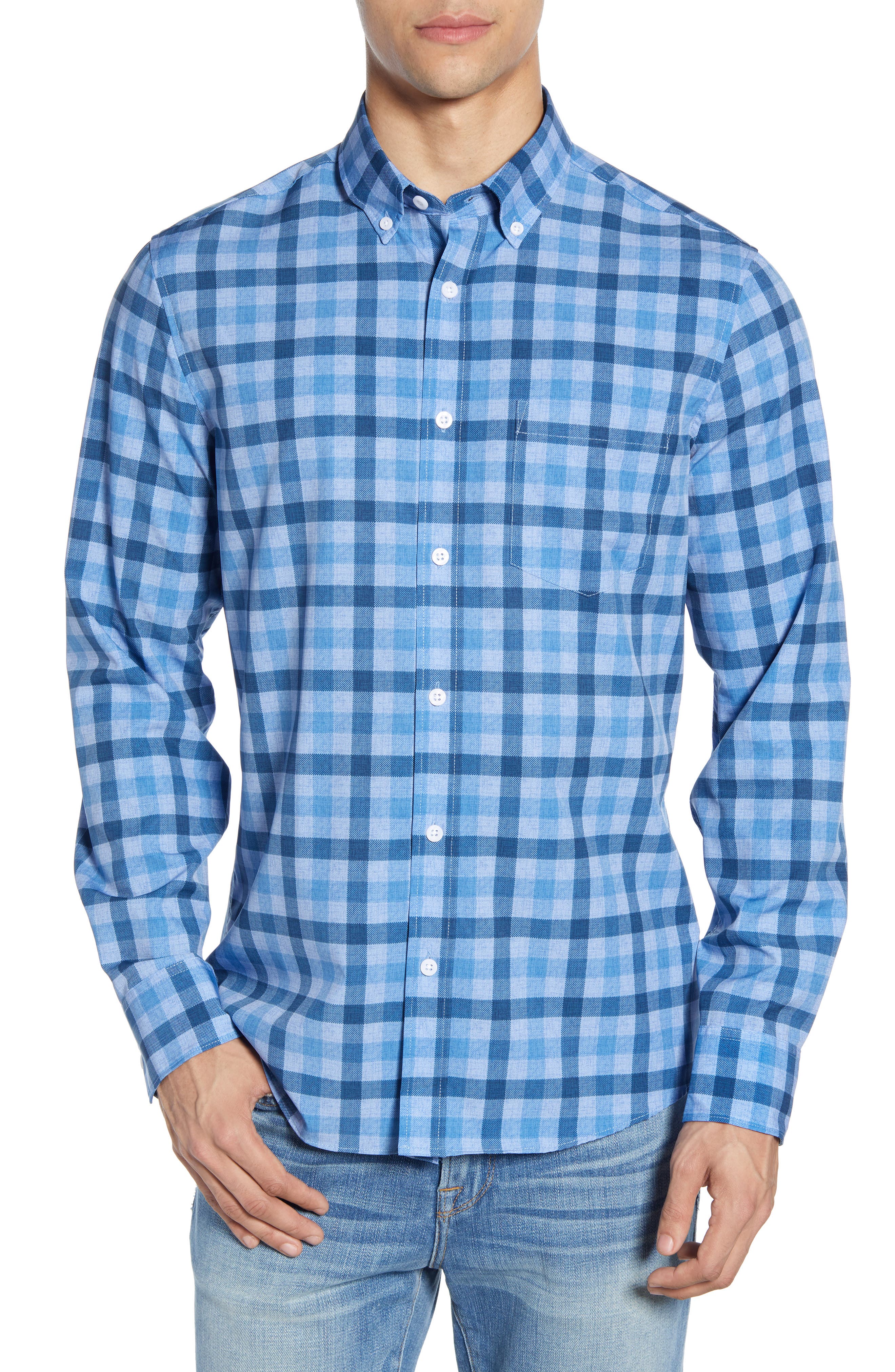 Nordstrom Shop Regular Fit Check Performance Sport Shirt, Blue