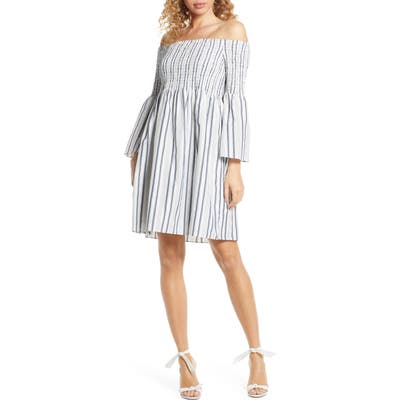 Sam Edelman Metallic Ticking Stripe Smocked Off The Shoulder Dress, Blue