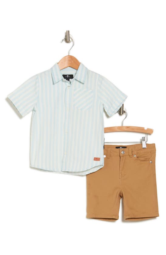 Shop 7 For All Mankind Kids' Stripe Button-up Shirt & Shorts Set In Light Indigo