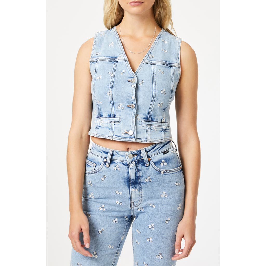 Mavi Jeans Merlin Floral Embroidered Crop Denim Vest In Light Blue Bloom
