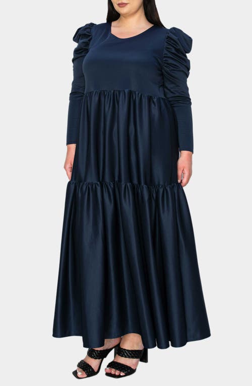 Shop L I V D Isabel Long Sleeve Tiered Maxi Dress In Navy