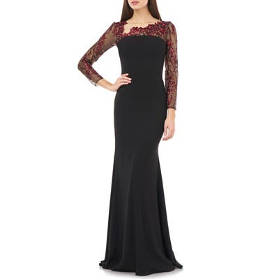 Carmen Marc Valvo Infusion Embroidered Long Sleeve Crepe Gown, Black