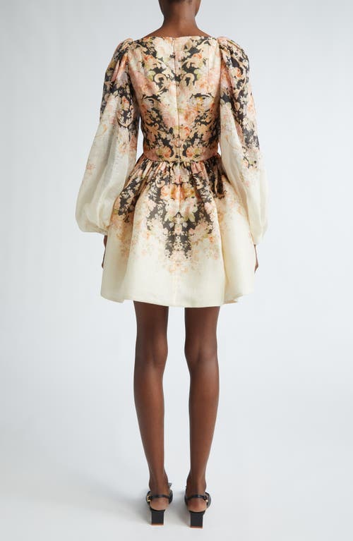 Shop Zimmermann Illustration Floral Long Sleeve Draped Linen & Silk Minidress In Tea Rococo Floral