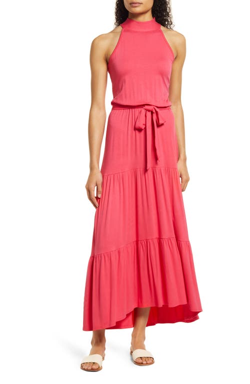 Loveappella Tiered Halter Maxi Dress in Pink Polish