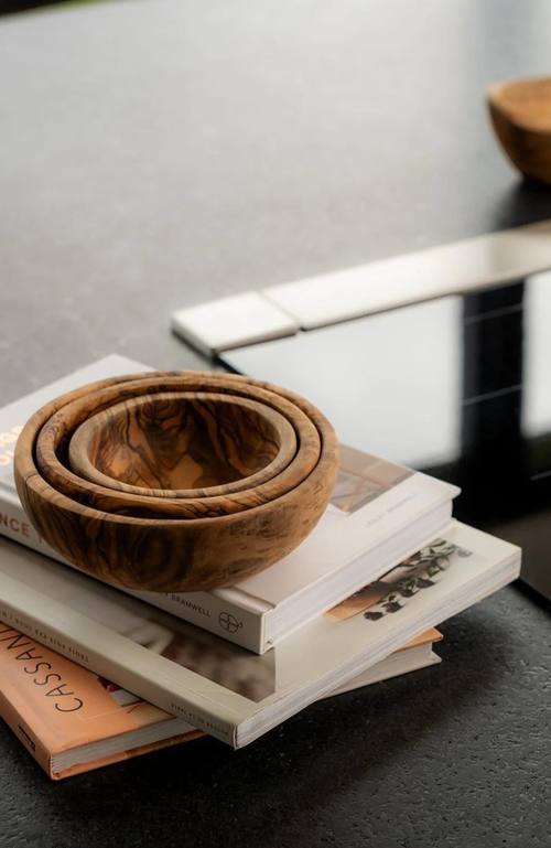 Gharyan Stoneware Olive Wood Nesting Bowls Set Of 3 In Natural