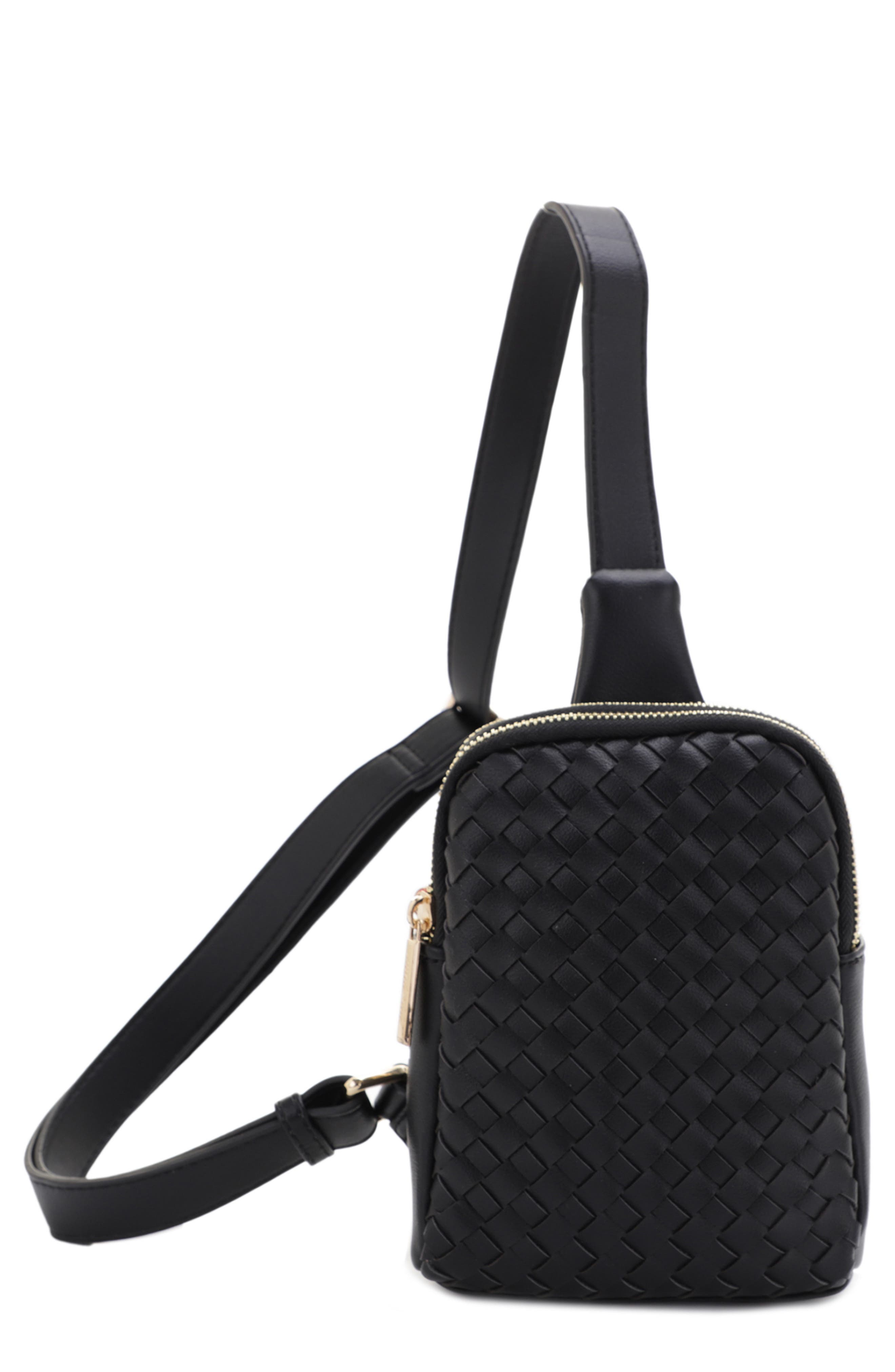 Mali + Lili Haley Woven Recycled Vegan Leather Sling Bag in Black 