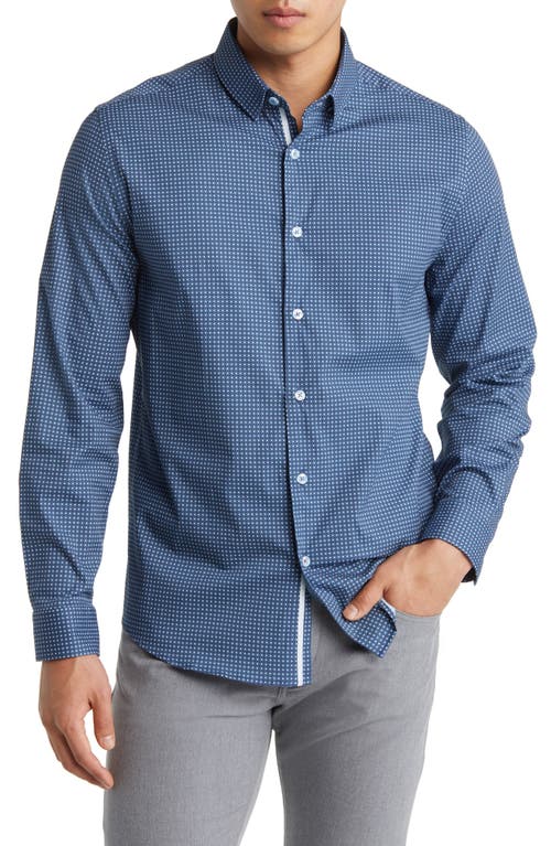 Ring Geometric Print Stretch Cotton Button-Up Shirt in Slate Blue