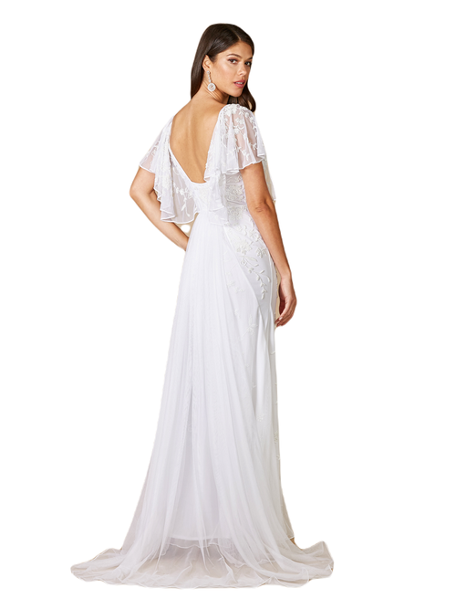 Shop Lara New York Greyson Beaded Flutter Sleeve Wedding Dress In Ivory