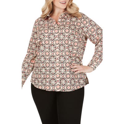 Plus Size Foxcroft Ava Mosiac Print Wrinkle Free Shirt, Beige