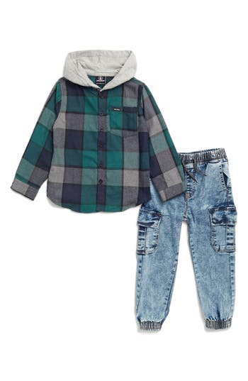 Volcom Baby Kids' Hooded Flannel & Denim Joggers In Blue