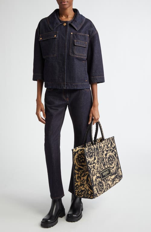 Shop Versace Medusa Buckle Patch Pocket Denim Shirt In Dark Blue