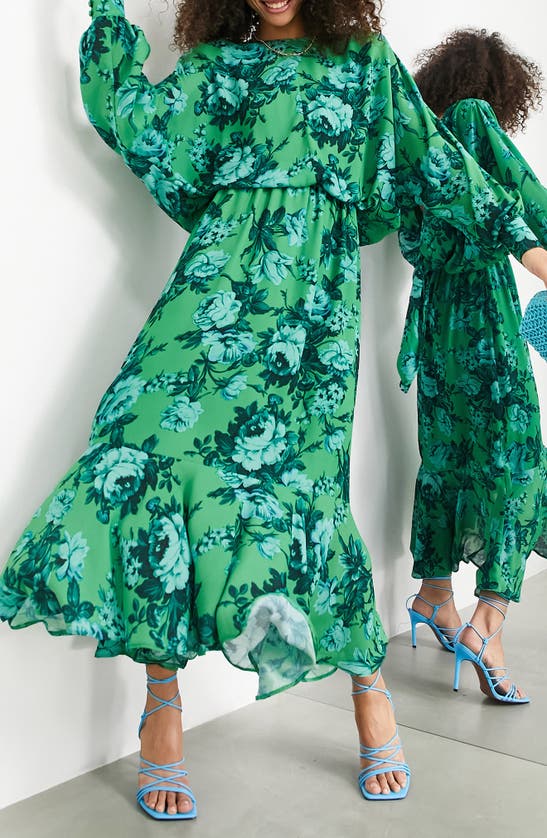 Asos Design Edition Floral V-back Long Sleeve Dress In Green Multi