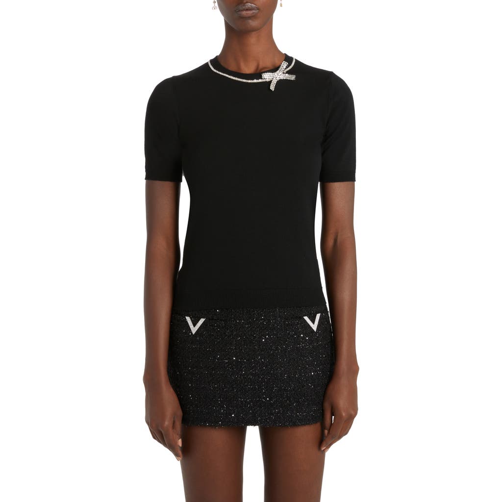 Valentino Garavani Crystal Bow Short Sleeve Virgin Wool Crewneck Sweater In Nero/silver
