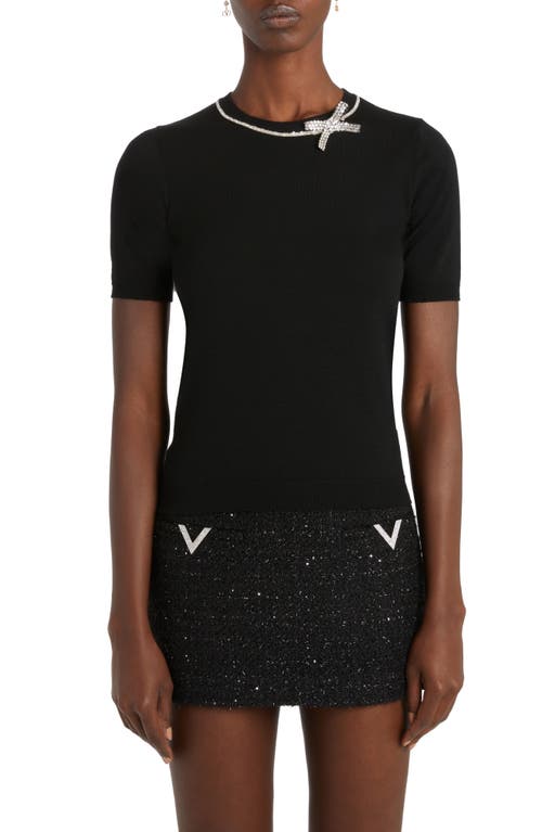 Shop Valentino Garavani Crystal Bow Short Sleeve Virgin Wool Crewneck Sweater In Nero/silver