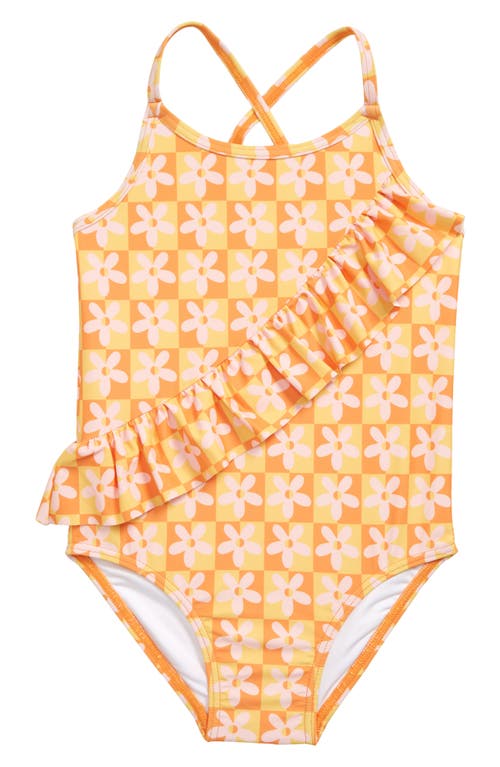 Tucker + Tate Kids' Ruffle One-Piece Swimsuit in Orange Flame Daisy Grid