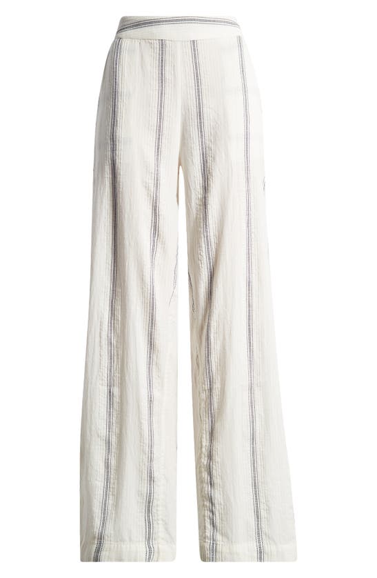 Shop Vero Moda Embroidered Stripe Cotton Wide Leg Pants In Birch/ Navy Blazer