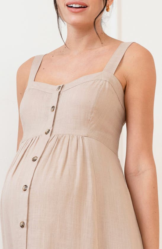 Shop Seraphine Button Front Maternity/nursing Midi Sundress In Taupe