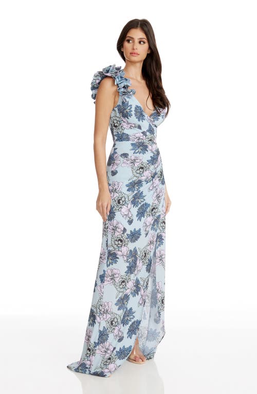 Dress The Population Camelia Floral Gown In Powder Blue Multi