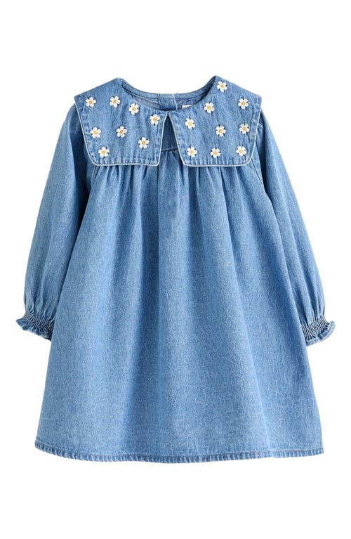 Shop Next Kids' Daisy Embroidered Long Sleeve Denim Dress In Blue