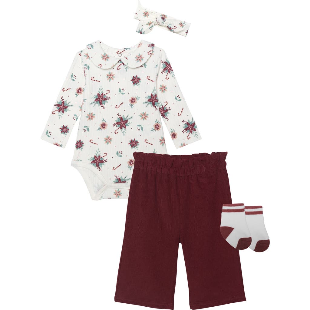 Pl Baby By Petit Lem Poinsetta Bodysuit, Pants, Socks & Headband Set In Poinsetta