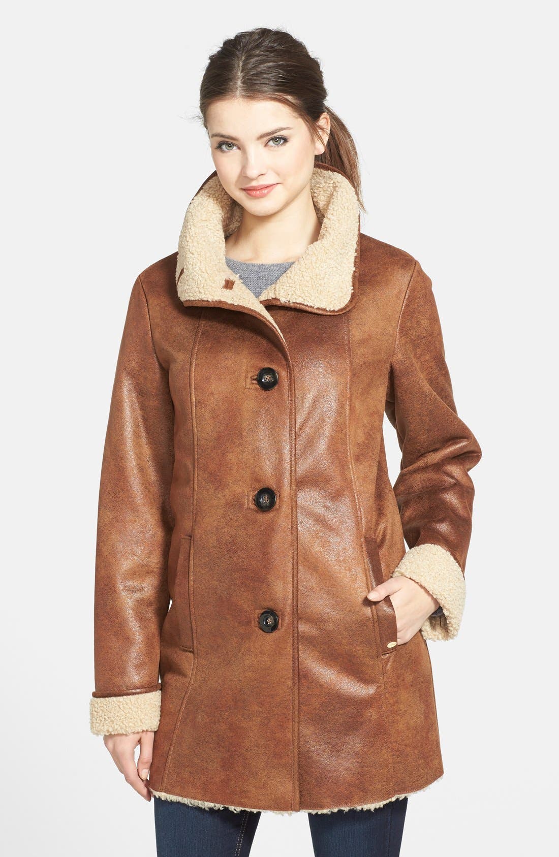Ellen Tracy Stand Collar Washable Faux Shearling Coat Nordstrom