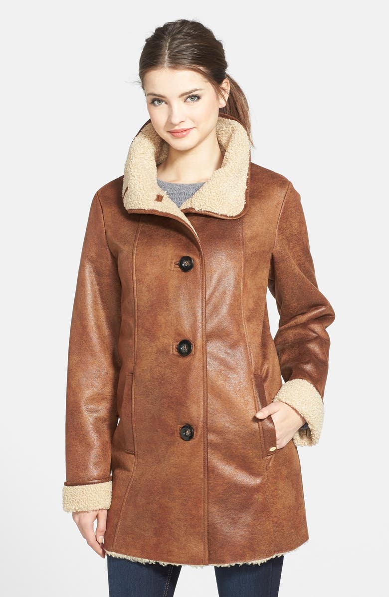 Ellen Tracy Stand Collar Washable Faux Shearling Coat | Nordstrom