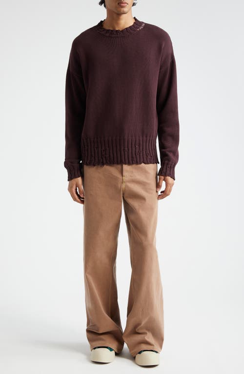 Shop Marni Oversize Distressed Cotton Crewneck Sweater In Wine