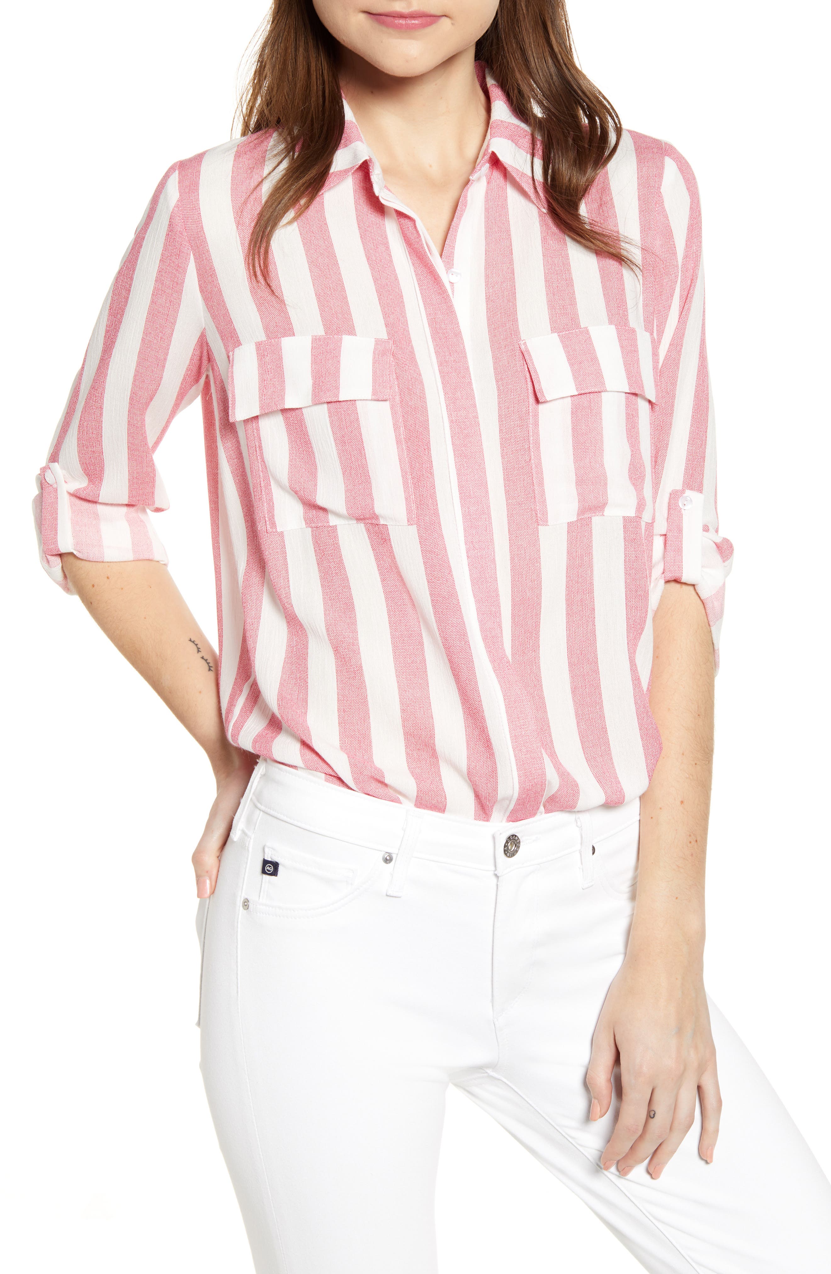 Petite Gibson X Hi Sugarplum! Scottsdale Oversize Button Down Tunic, Red
