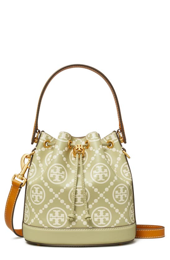Shop Tory Burch T Monogram Embossed Leather Bucket Bag In Olive Spring